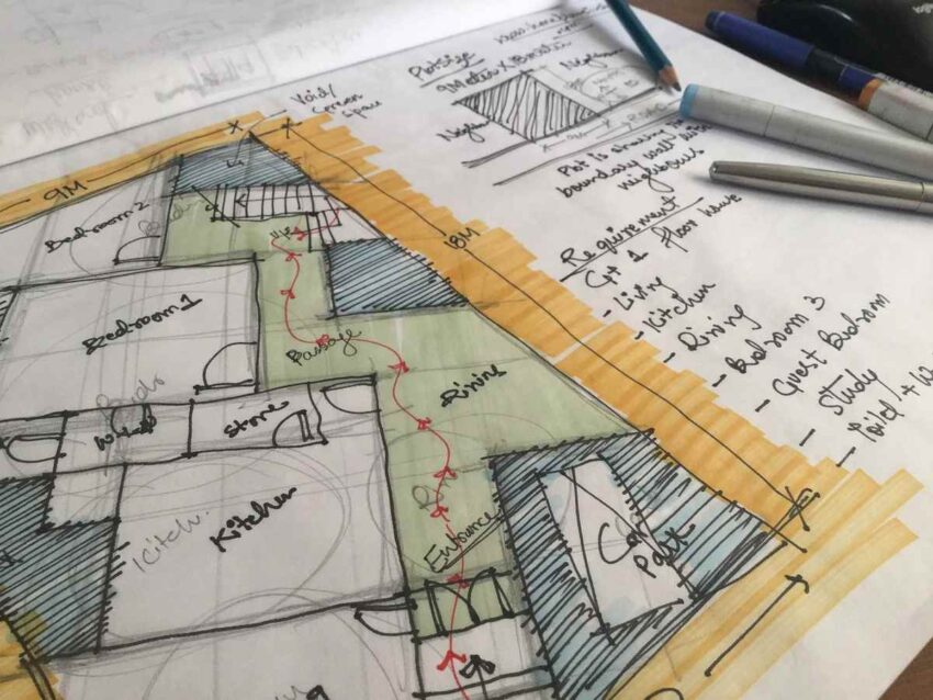 Feuille de plan architectural avec annotations et outils de dessin
