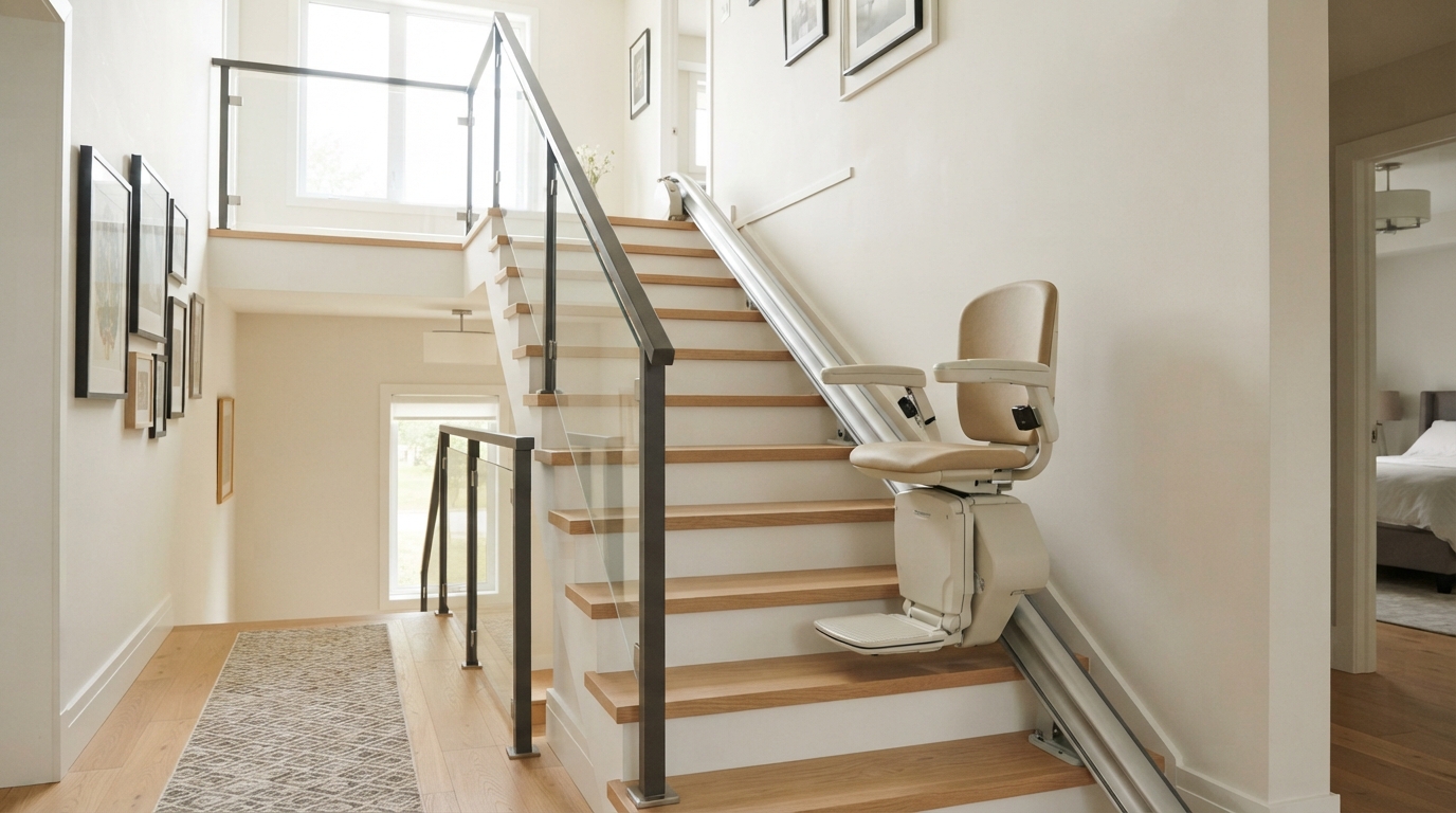Monte-escalier installé le long d'un escalier de maison, rampe moderne, intérieur clair